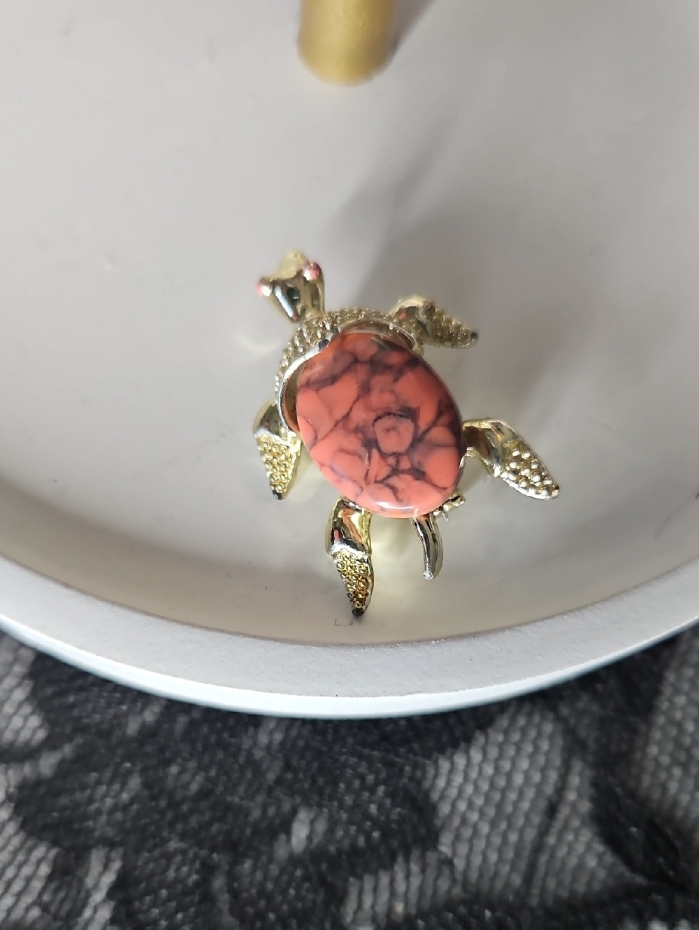 Gold Turtle Brooch with Coral Pink Stone - Women's Jewelry